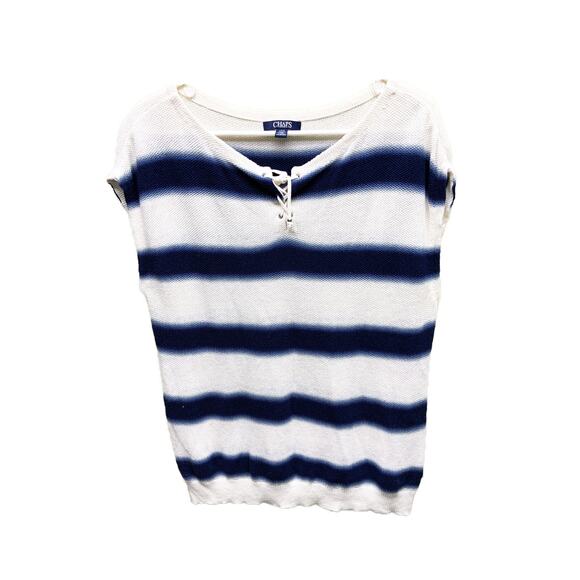 Chaps Denim Dye Stripe Knit Top White Blue Tunic Ombre Cap Sleeve Top Size L - Picture 1 of 7